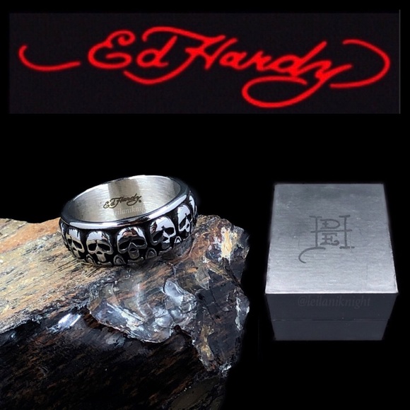 Ed Hardy Stainless Steel Eternity Skull Band Ring - Picture 13 of 13